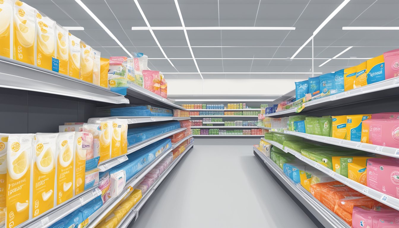 A shelf in a supermarket aisle displaying Lidl's Customer Experience feminine hygiene pads