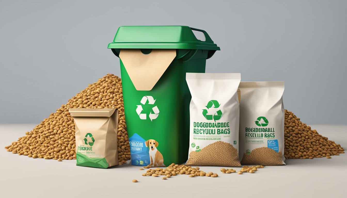 A pile of empty, biodegradable dog food bags next to a recycling bin