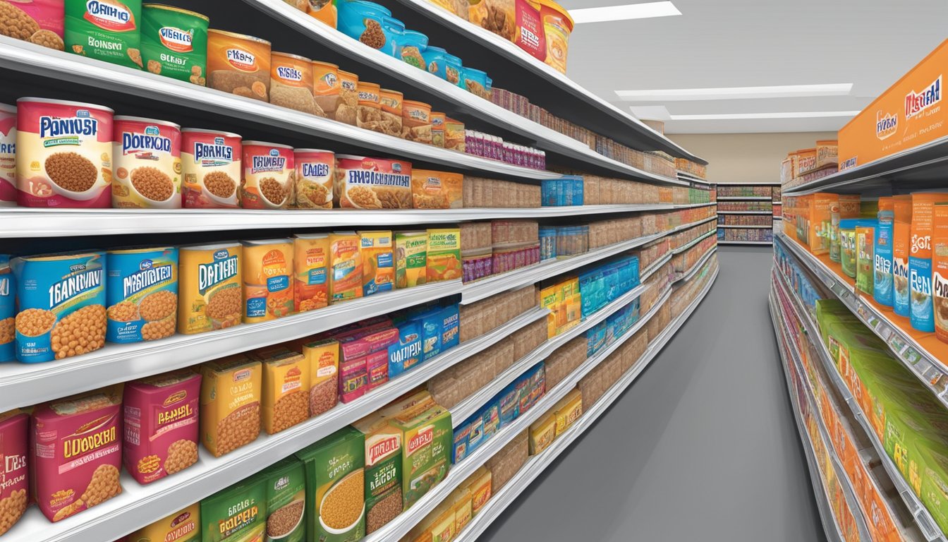 A display of popular dog food brands on shelves at Family Dollar