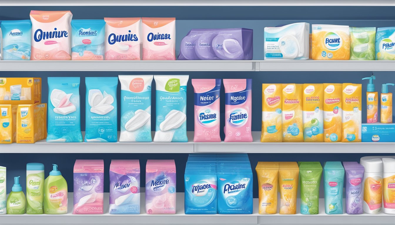 A package of feminine hygiene pads displayed on a shelf at Meijer, surrounded by other personal care products