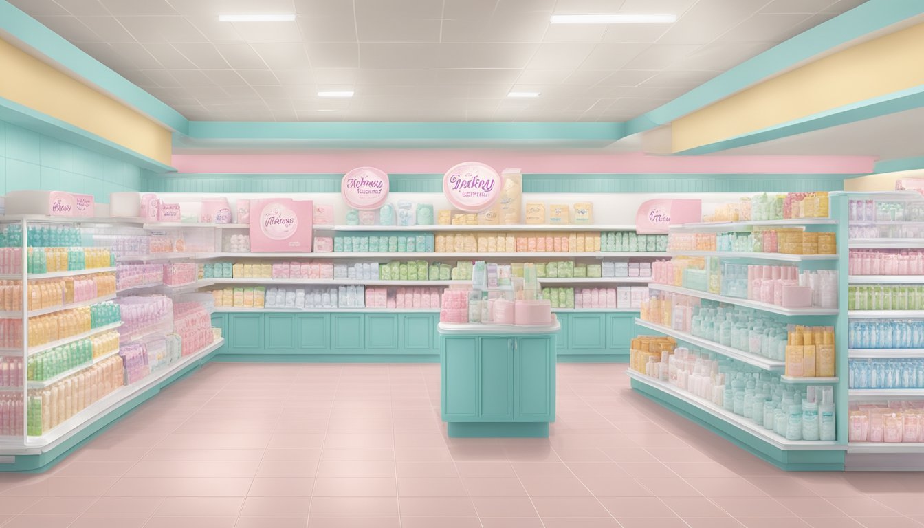 A display of gentle, hypoallergenic feminine care products at Piggly Wiggly, featuring soothing pastel colors and natural imagery