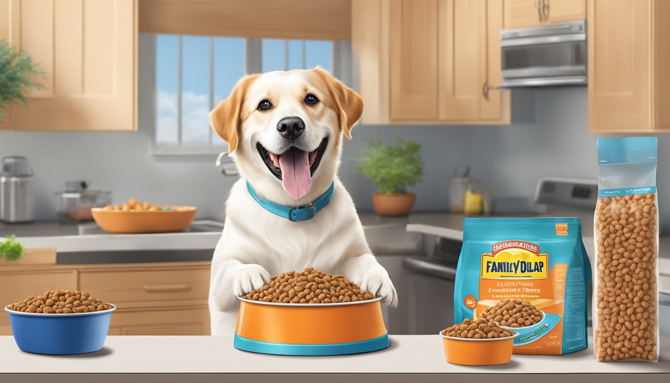 A happy dog eagerly eating from a bowl of affordable and value-packed family dollar dog food