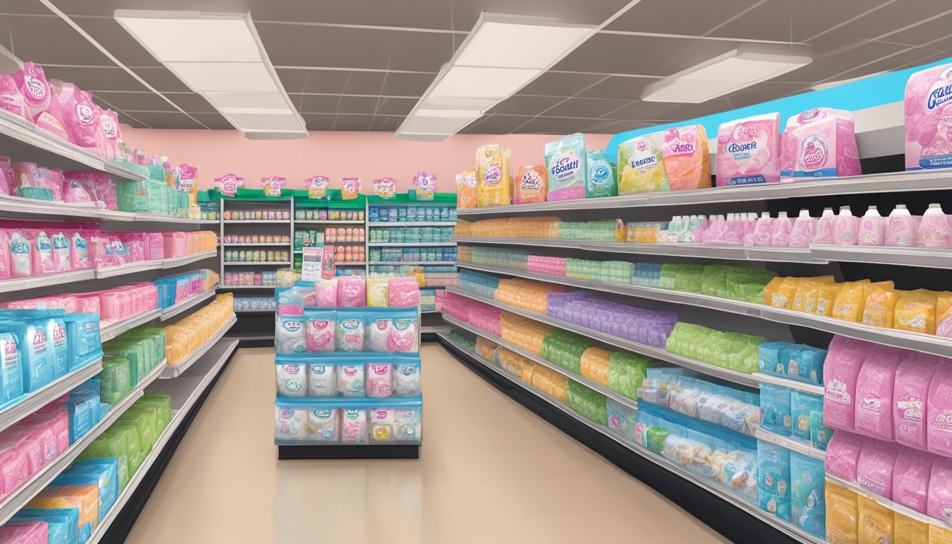 A colorful display of feminine care products at Piggly Wiggly, with price tags and promotional signs