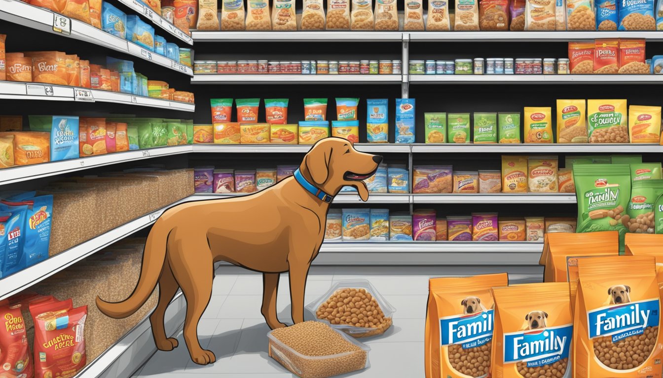 A dog eagerly sniffs a bag of "Family Dollar" brand dog food in a cluttered aisle of a discount store