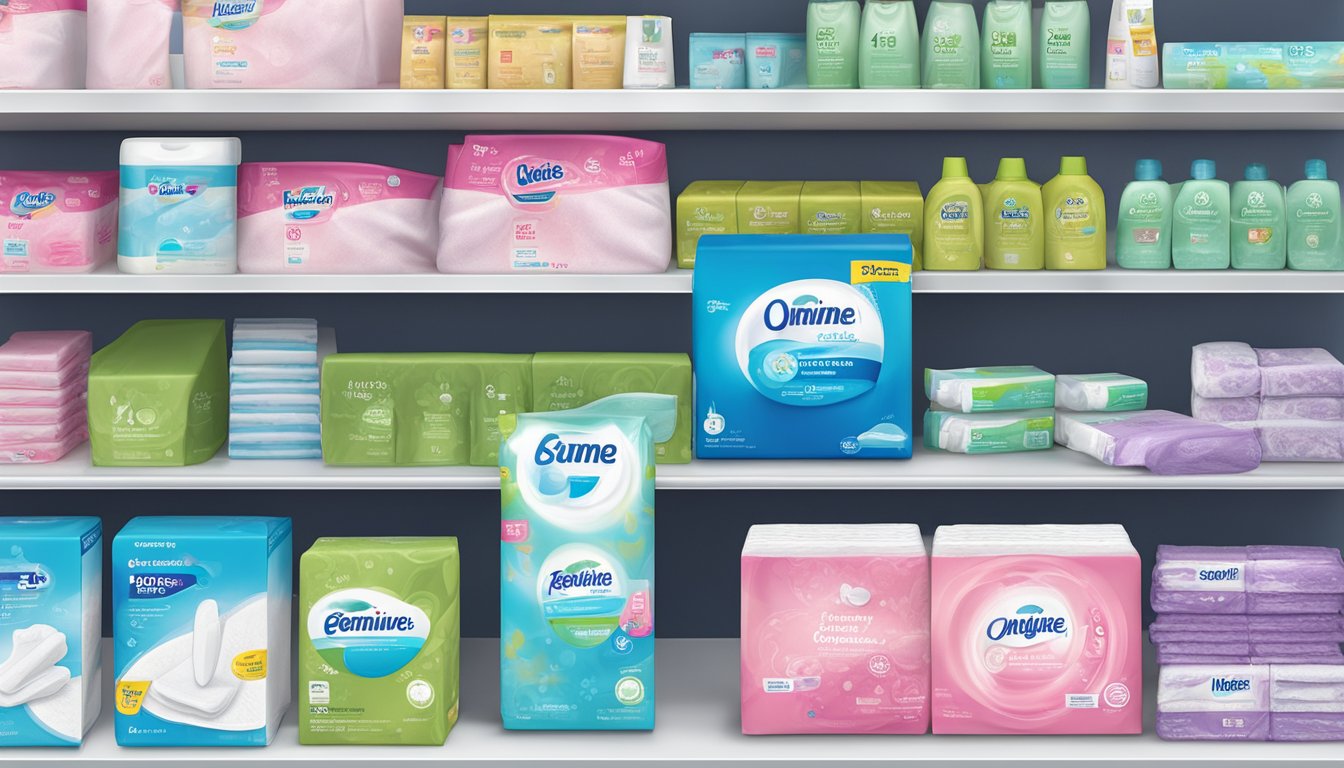 A display of feminine hygiene pads next to alternative products on a shelf at Meijer