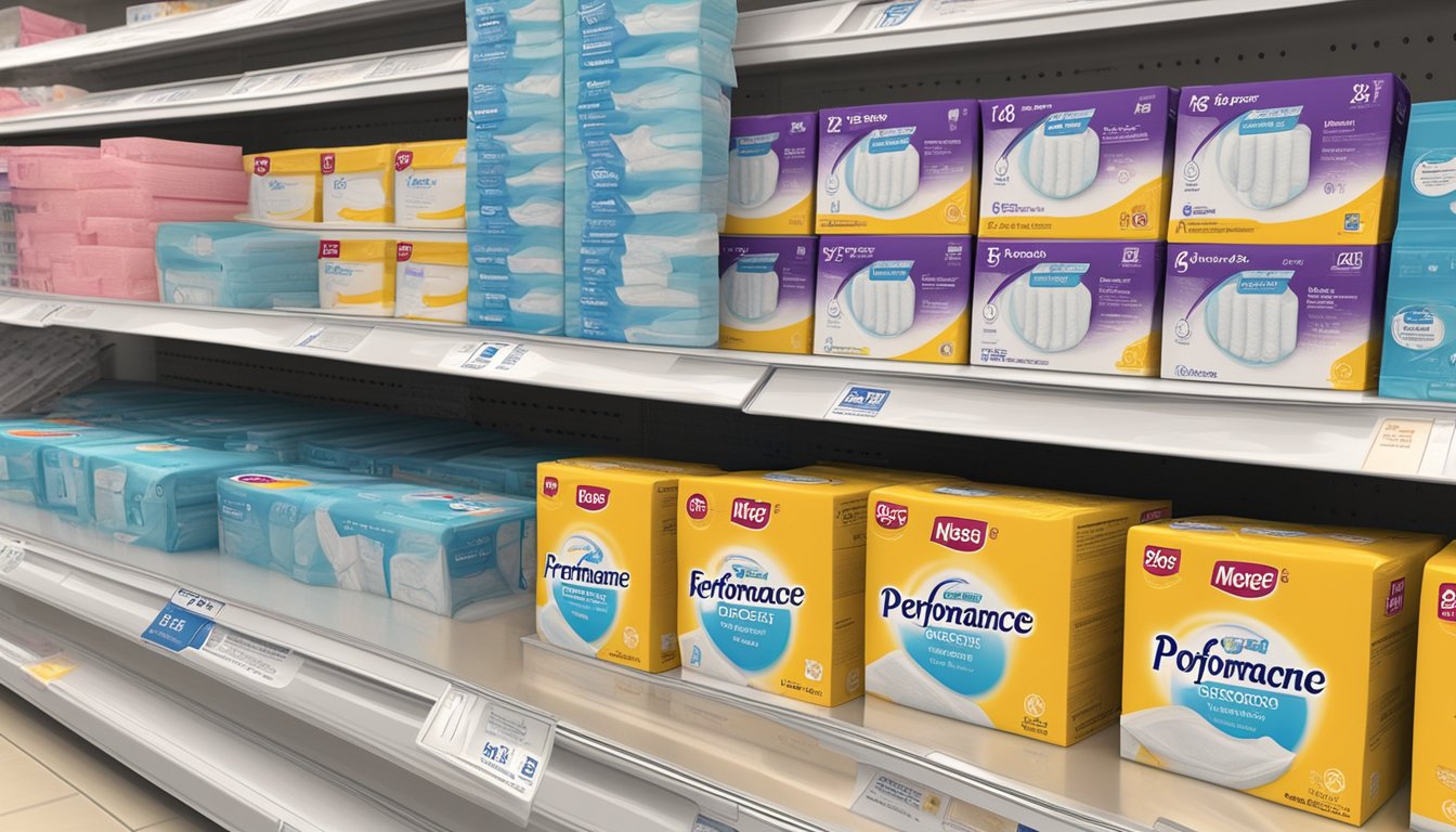 A package of Performance and Comfort Factors feminine hygiene pads on a store shelf at Meijer