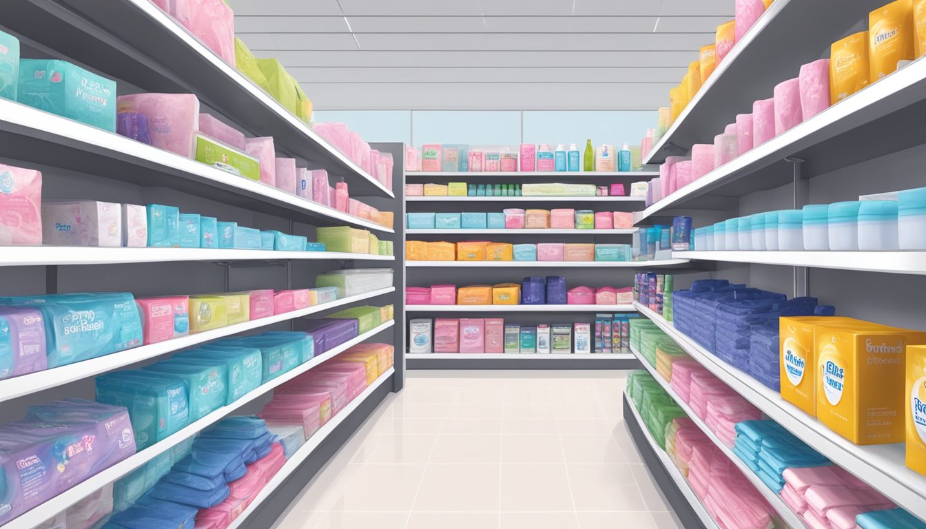 A shelf stocked with feminine hygiene pads in a Meijer store, surrounded by other personal care products