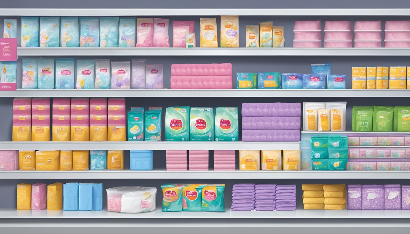 Shelves stocked with various feminine pads and protectors at Winn Dixie, showcasing a wide selection of product quality