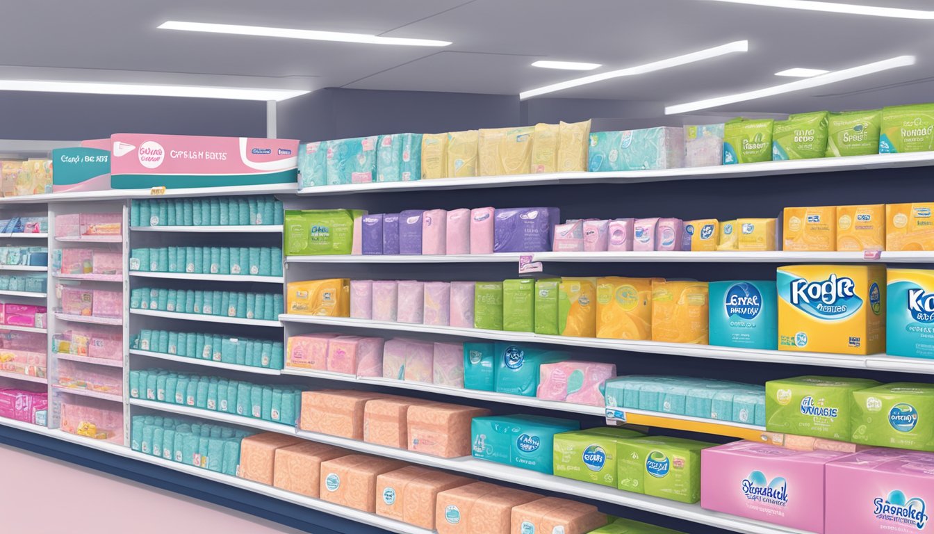 A shelf stocked with various brands of feminine hygiene pads at Kroger