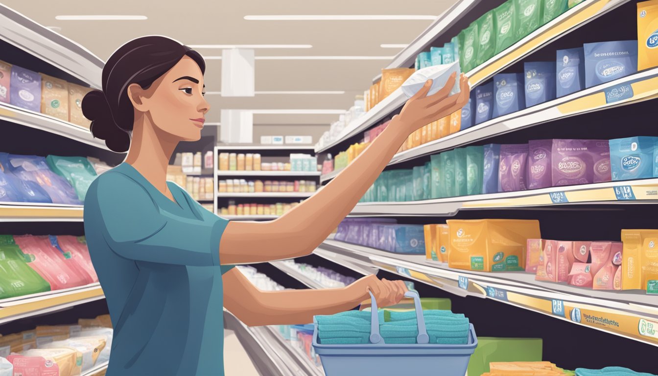 A woman reaching for organic pads on a shelf at Kroger