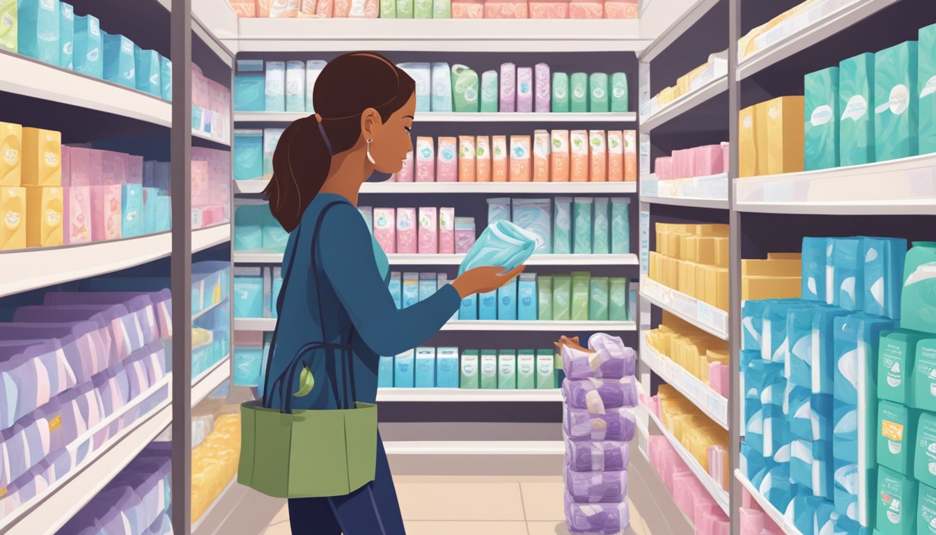 A woman browses a well-lit aisle of feminine hygiene products at Kroger, reaching for a pack of pads on a neatly organized shelf