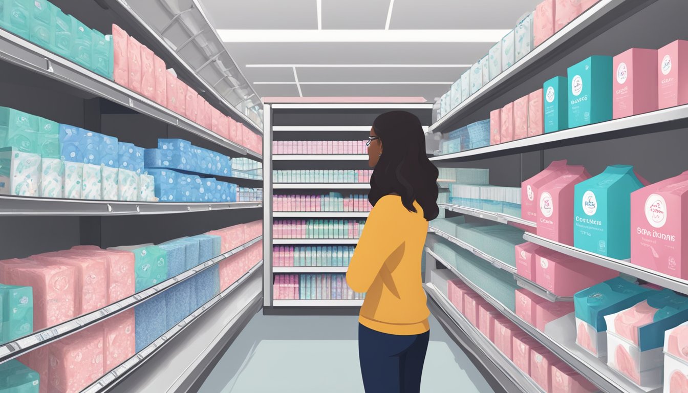 A woman stands in front of a shelf stocked with various brands and sizes of feminine hygiene pads at Kroger, carefully comparing the options