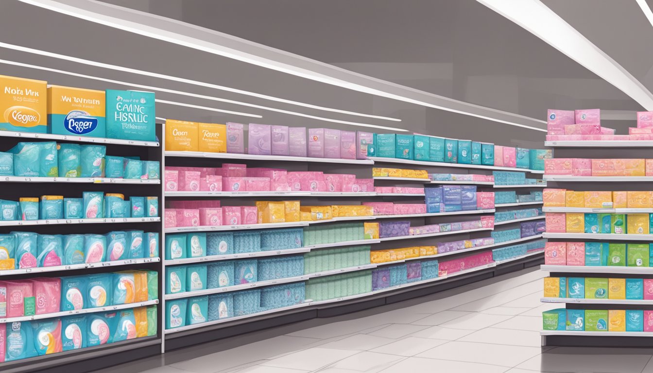 A variety of feminine hygiene pads displayed on shelves at Kroger