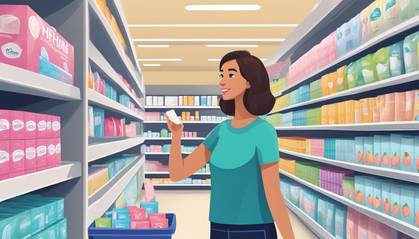 A woman selecting feminine hygiene pads from a well-stocked shelf at Kroger