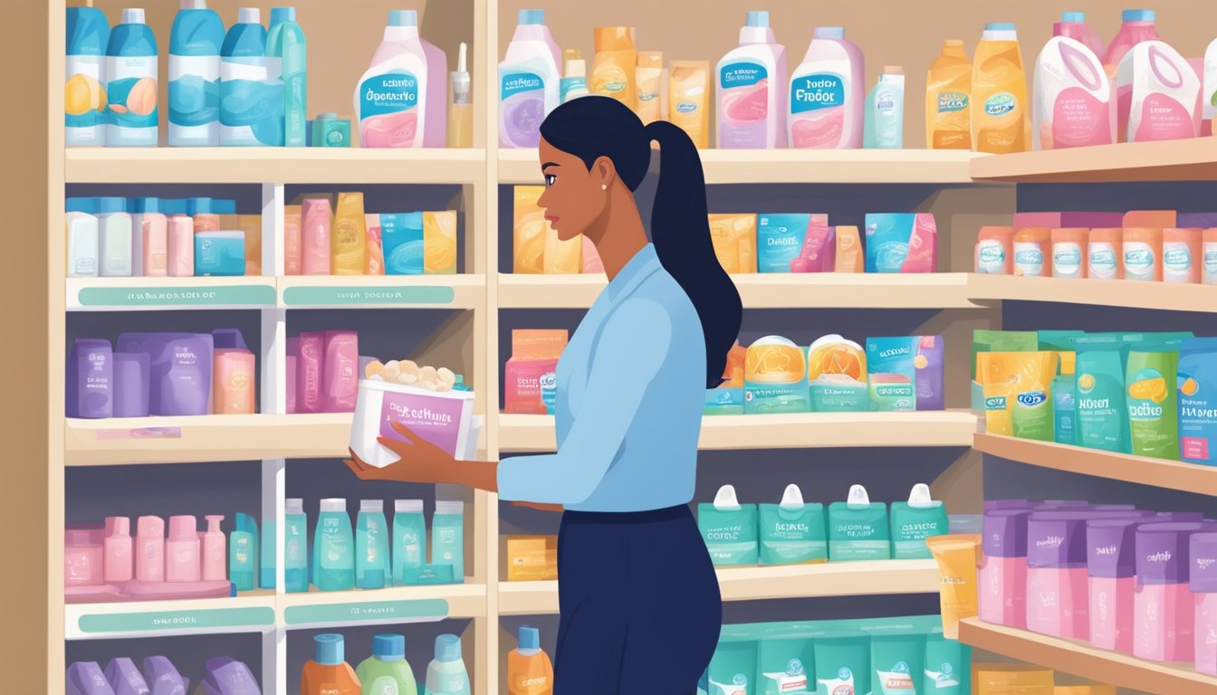 A woman selects feminine care products from a shelf at Save Mart