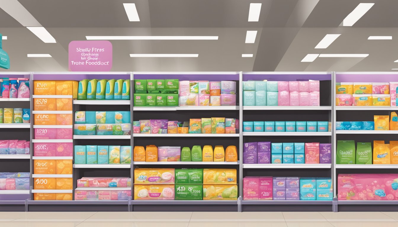 A shelf at WinCo Foods displaying various feminine care products in colorful packaging