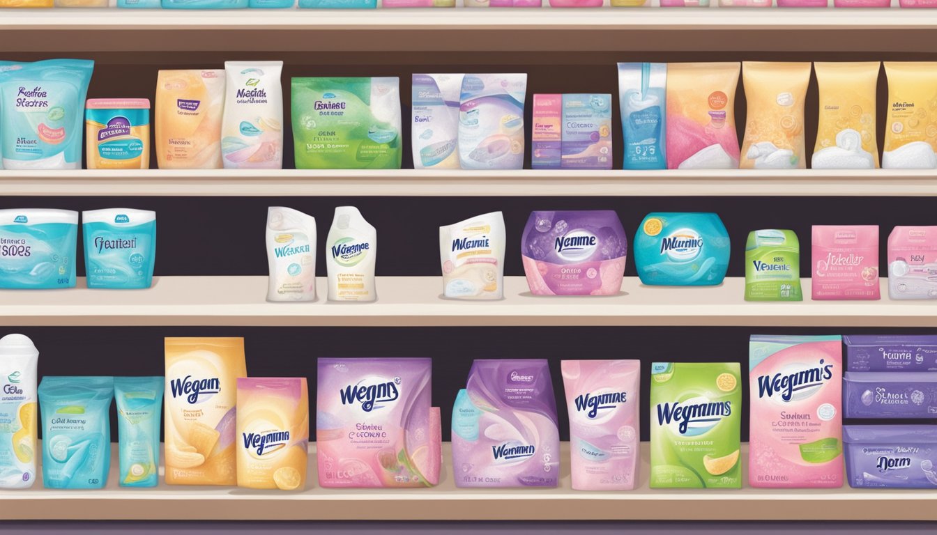 A shelf at Wegmans displaying various feminine care products, including maxi pads and other items