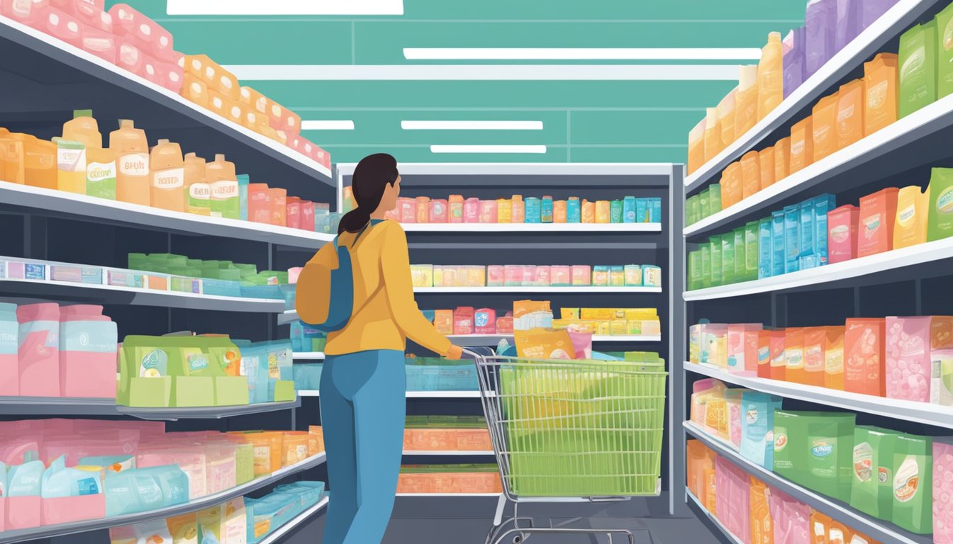 A woman browses shelves of feminine care products at WinCo Foods