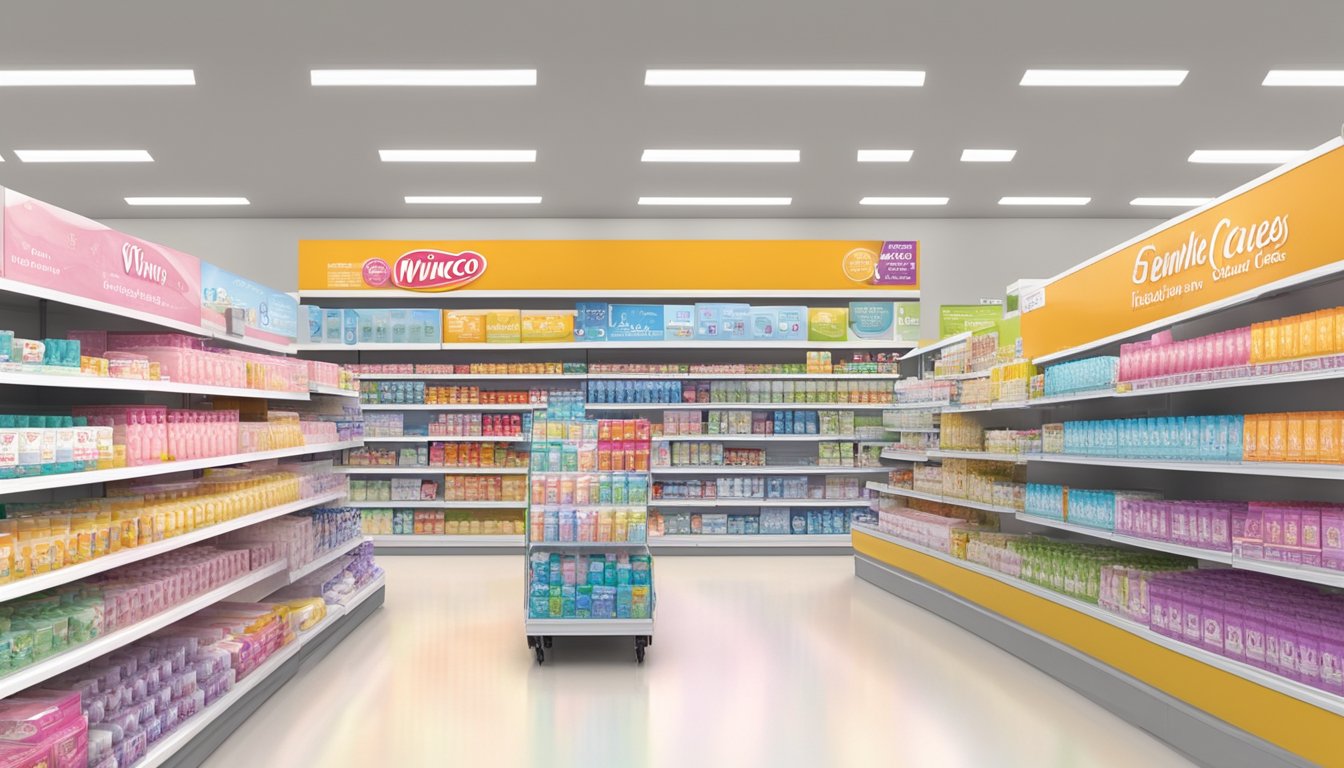 A display of feminine care products on a brightly lit shelf at WinCo Foods, with various options for different needs