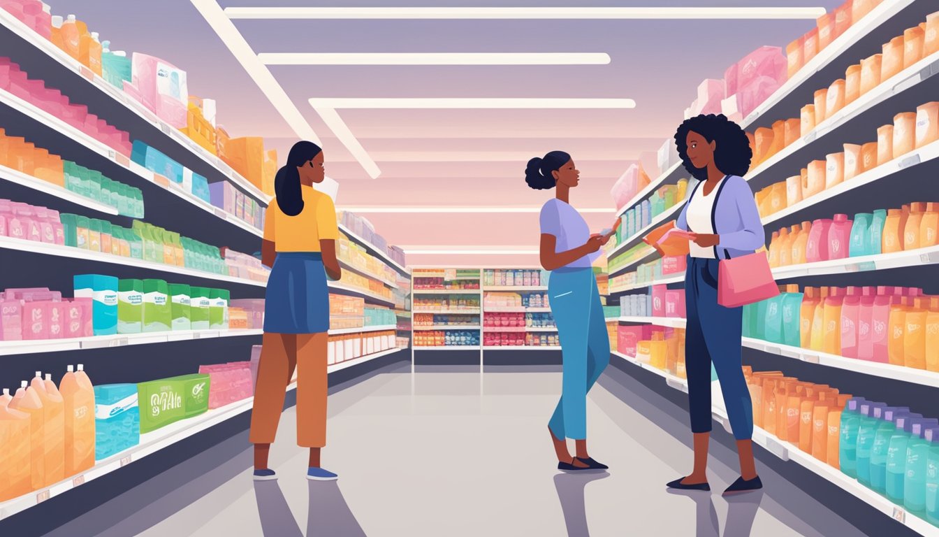 A diverse group of women confidently selecting and comparing feminine care products in the brightly lit and organized aisles of a WinCo Foods store