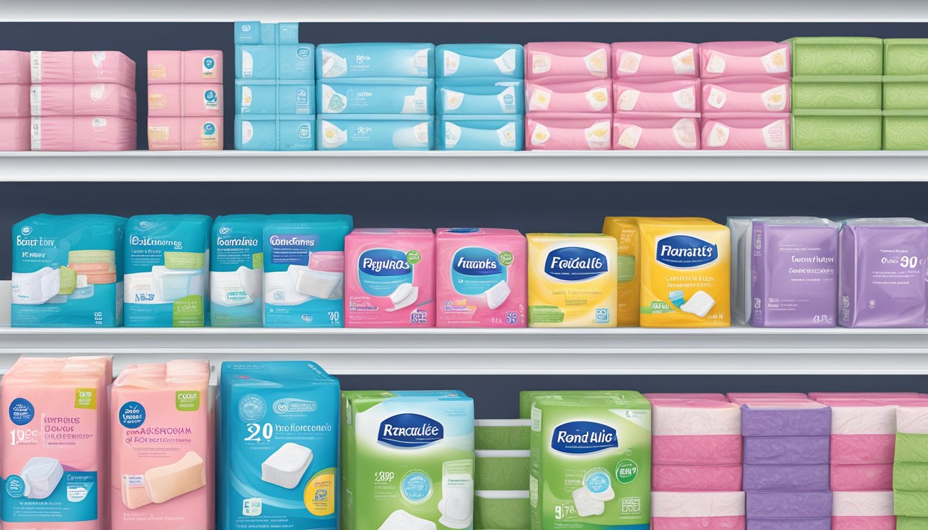 A variety of affordable feminine care pads displayed on shelves at Food Lion