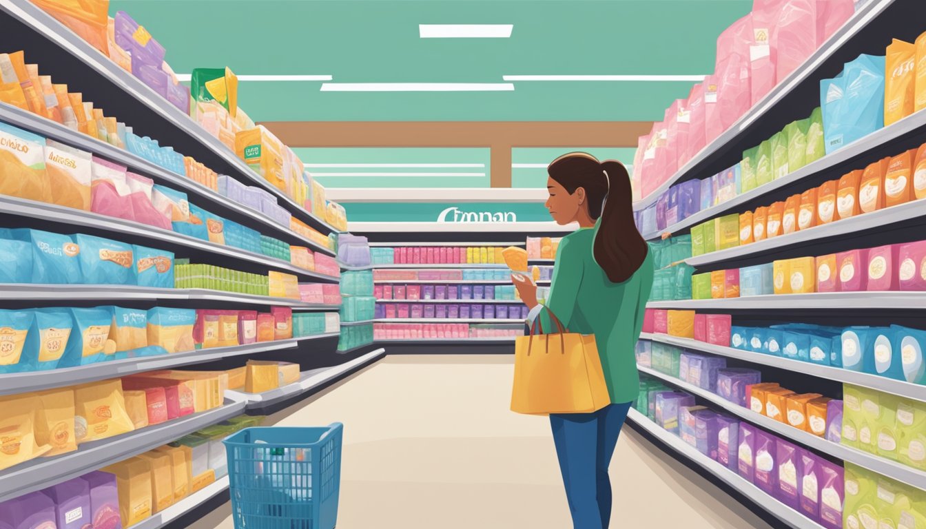 A woman browses feminine care products and maxi pads in the aisle of a Wegmans store, surrounded by colorful packaging and various options