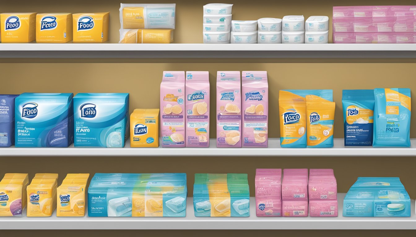 A shelf at Food Lion displaying Affordable Care Pads in various sizes and packaging