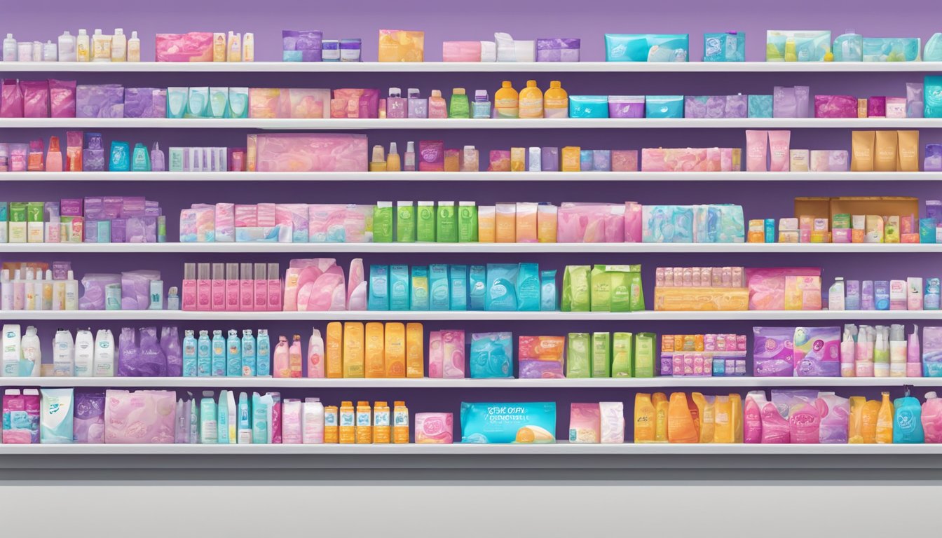 A colorful display of menstrual and feminine care products arranged neatly on shelves at Stop & Shop