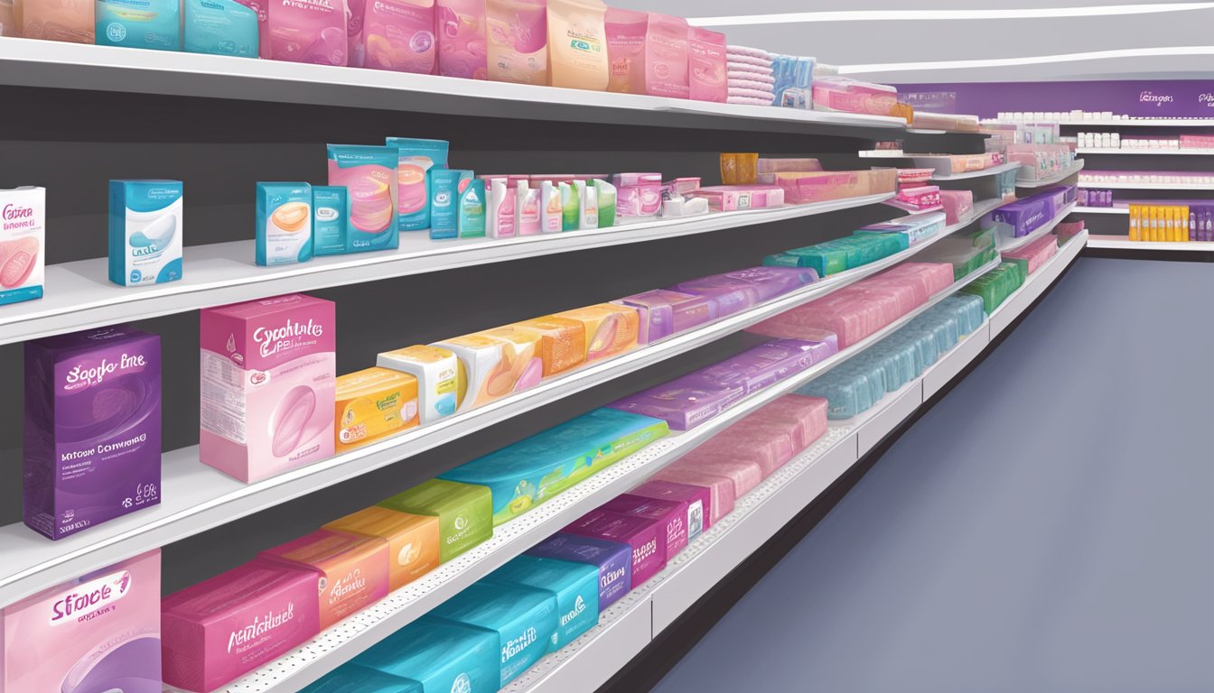 A shelf stocked with menstrual and feminine care products at a Stop & Shop store