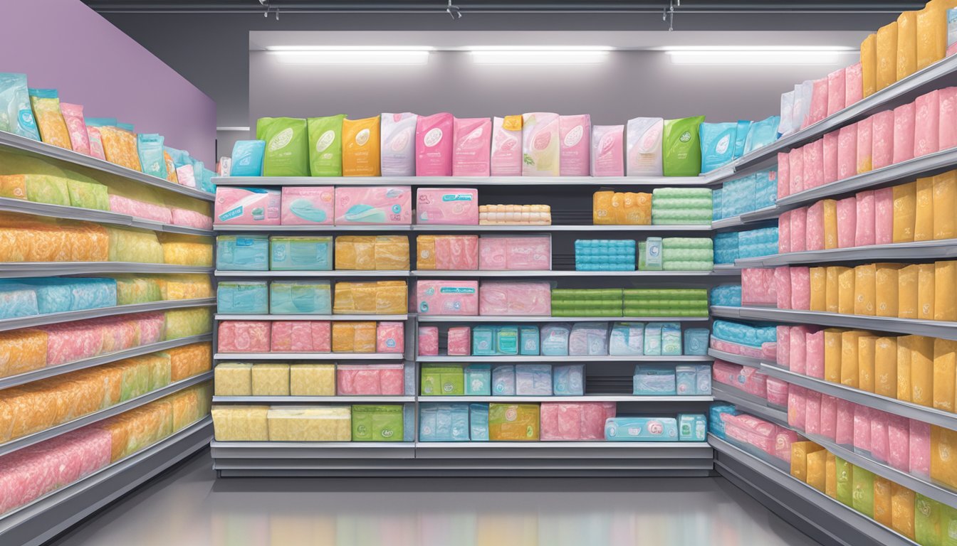 A display of affordable feminine hygiene pads at FoodMaxx