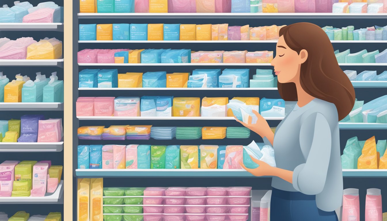 A woman browsing a variety of feminine hygiene pads on a shelf at FoodMaxx, comparing different options for her needs