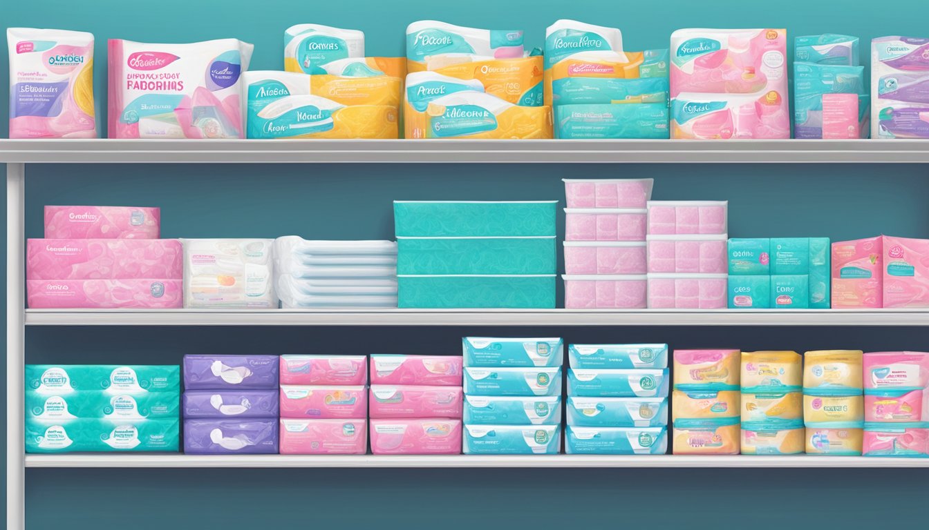 A shelf displaying various affordable feminine hygiene pads at FoodMaxx