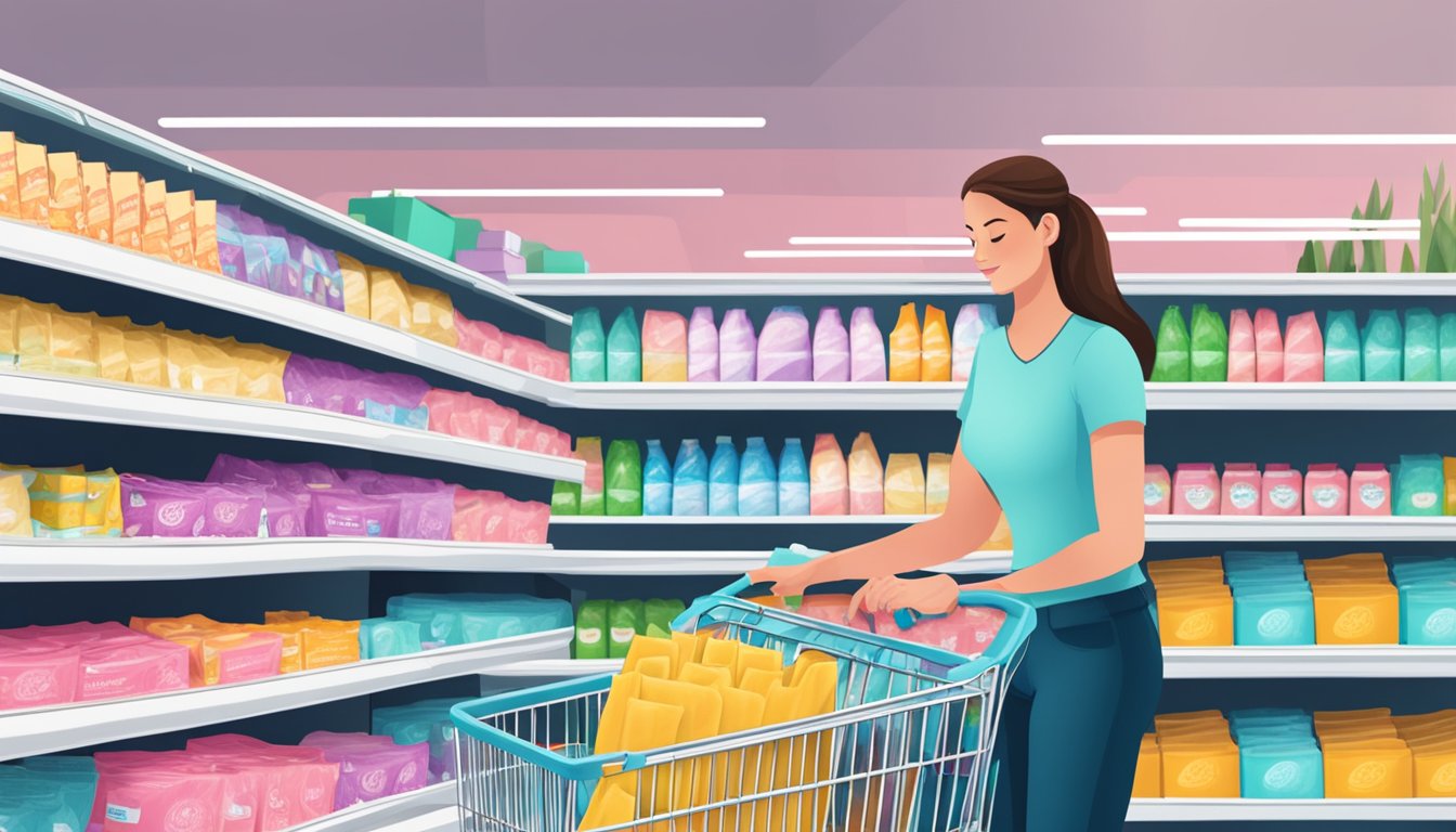 A woman placing affordable feminine hygiene pads in her shopping cart at FoodMaxx