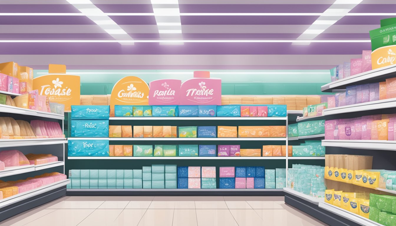 A shelf in a grocery store displaying a variety of affordable feminine hygiene pads with the brand's logo prominently featured