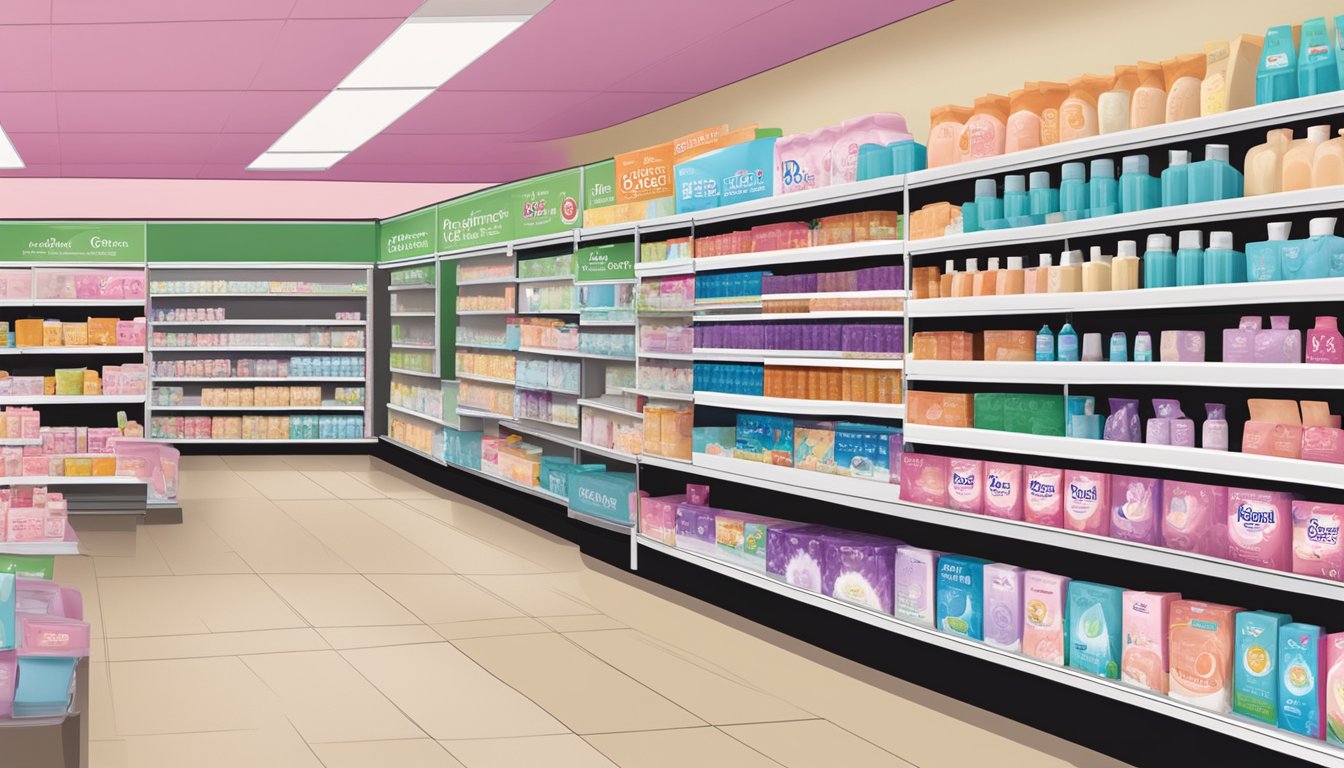 A display of feminine care products on shelves at Stater Bros Markets