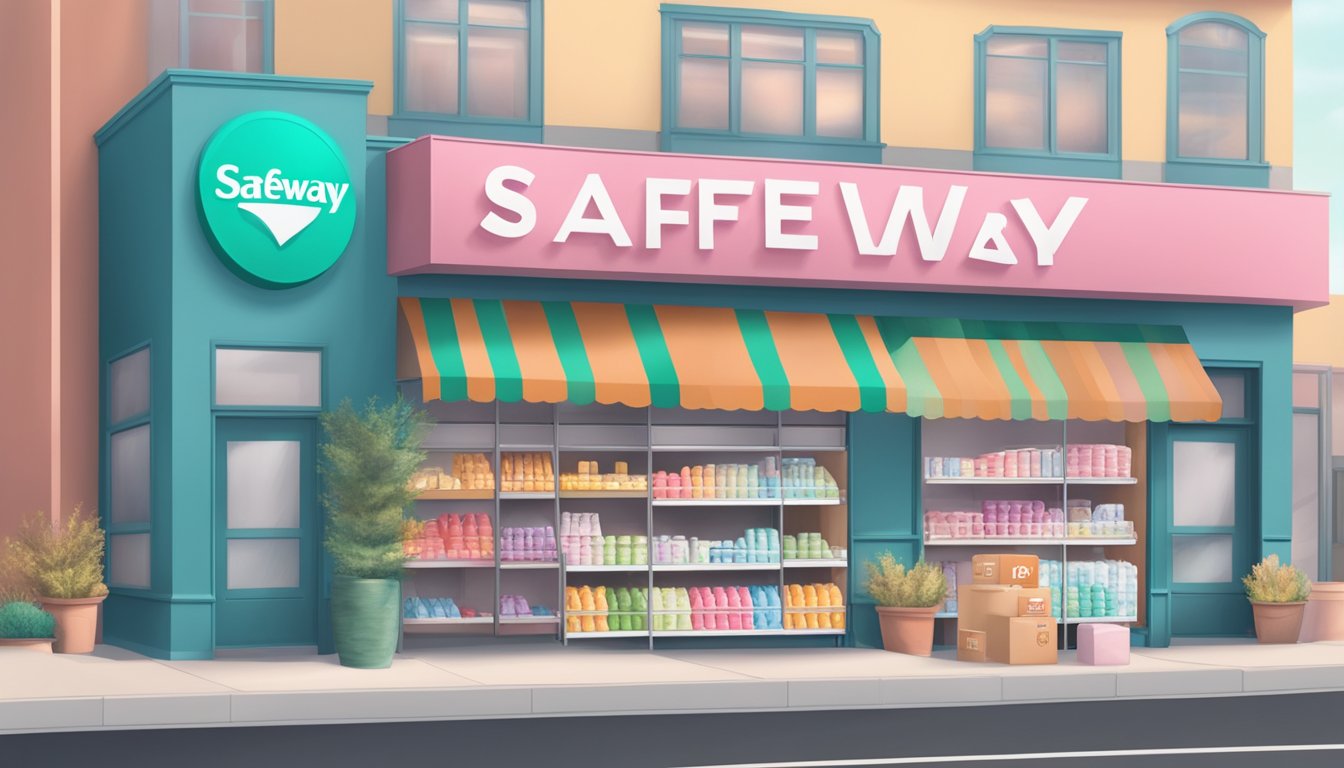 A Safeway store with a display of feminine care products and an online shopping and delivery option sign