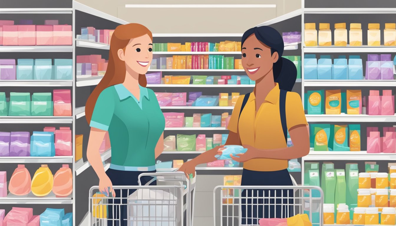 A Safeway aisle with shelves stocked with feminine care products. A customer service representative assisting a customer with a smile