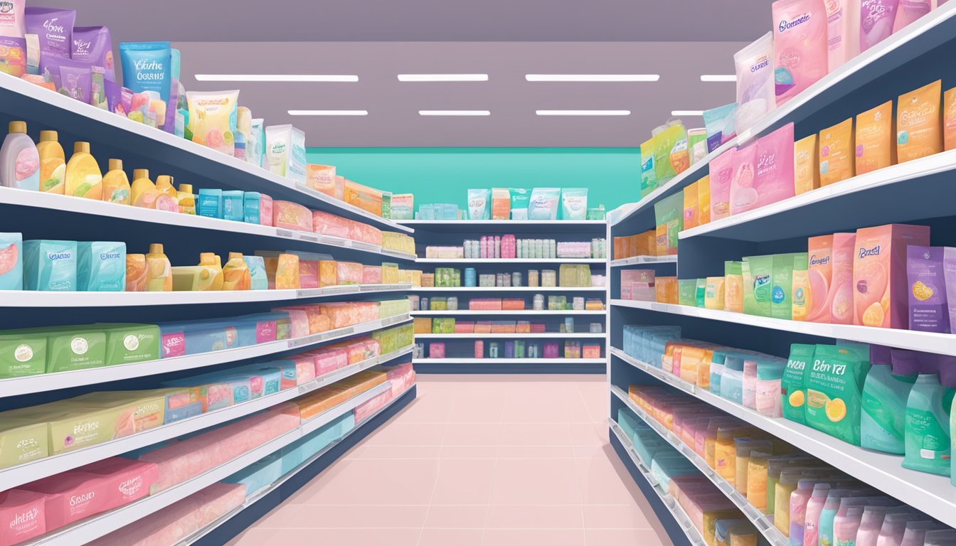 A shelf filled with various feminine care products, including new pad options, displayed in a brightly lit aisle at Brookshire's grocery store