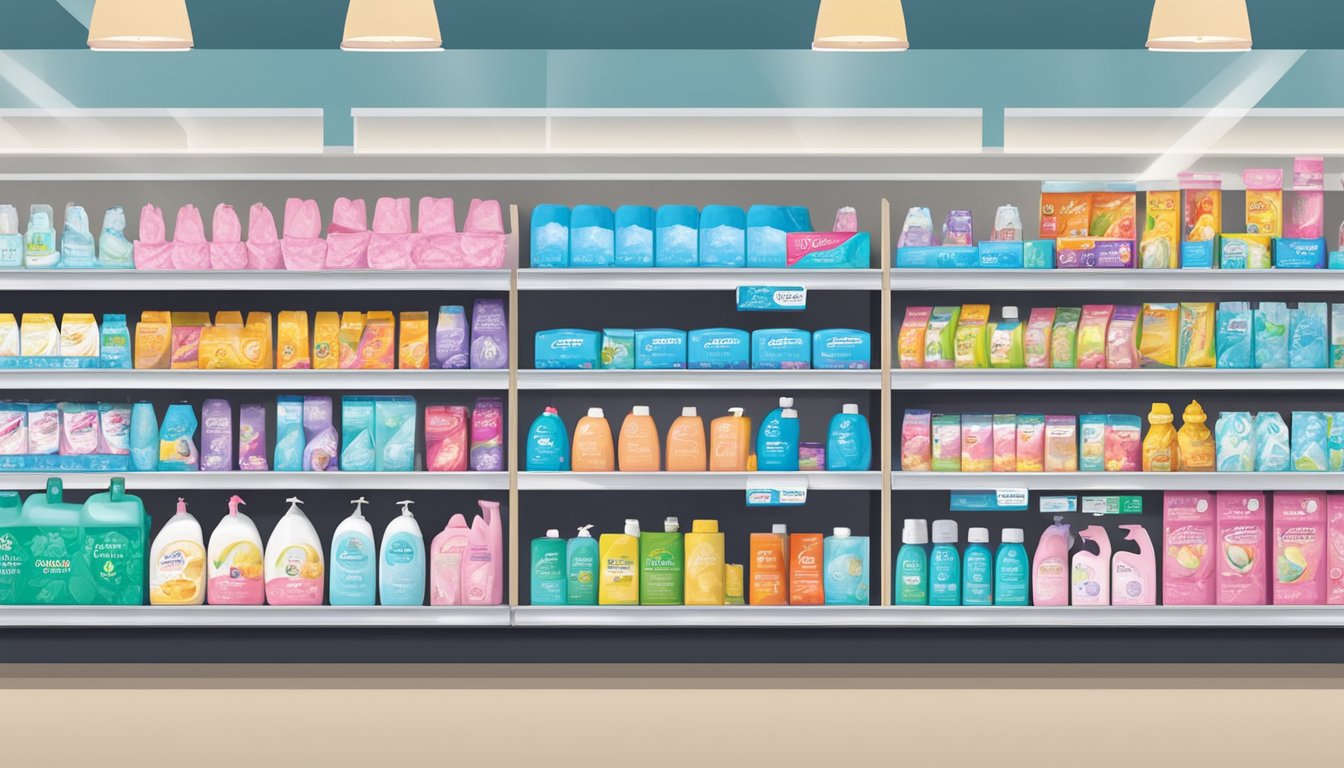 A display of feminine care products on shelves at Stater Bros markets, labeled with Health and Safety Standards logos