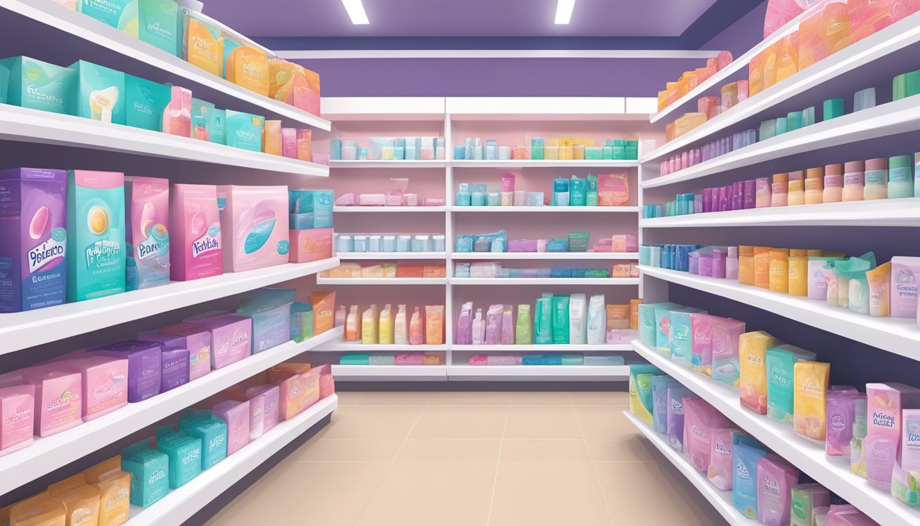 A shelf in a brightly lit store displays a variety of feminine care products, including new pad options from Brookshires