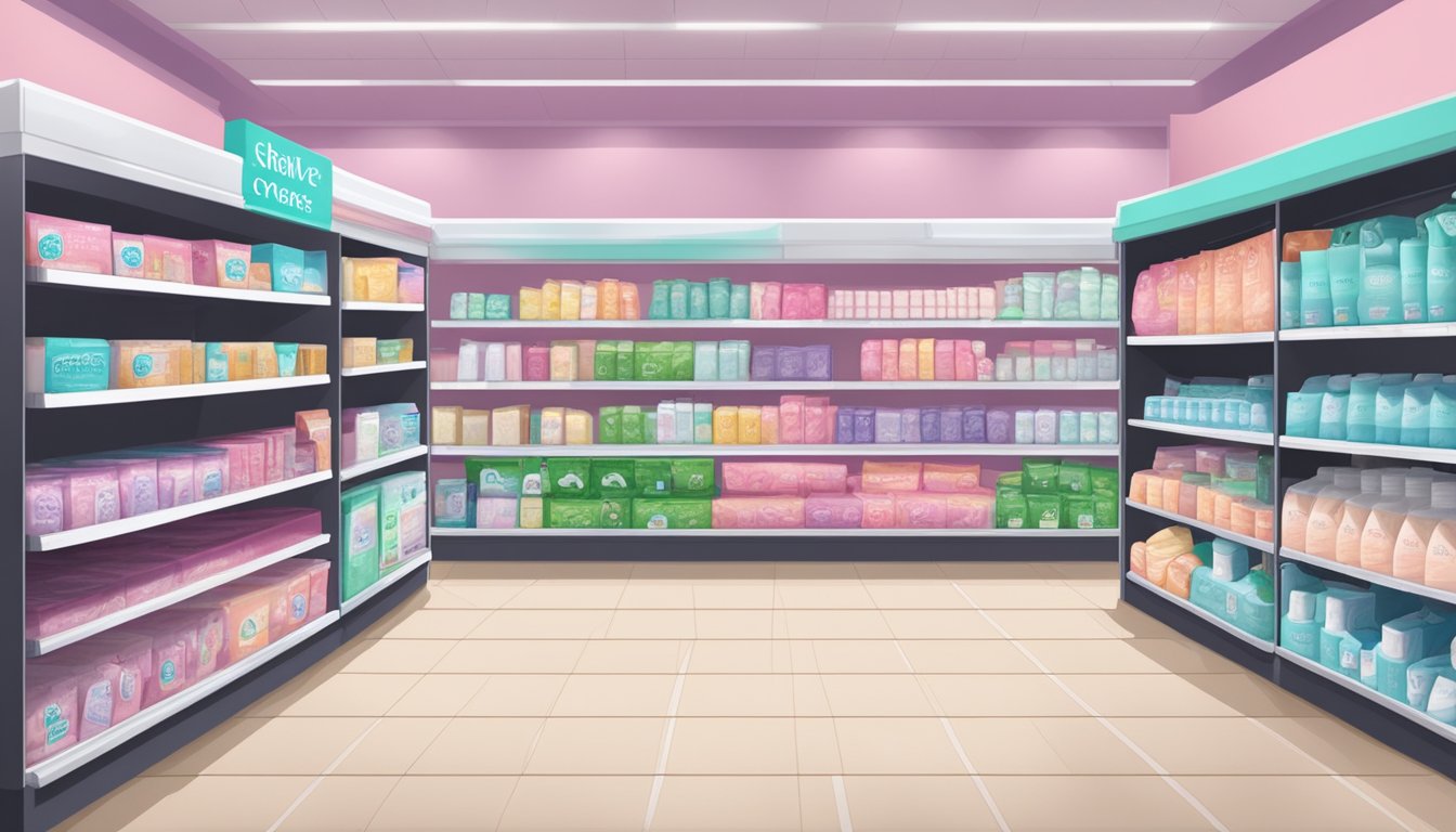 A shelf stocked with various feminine care products, including new pad options, at a Brookshire's grocery store