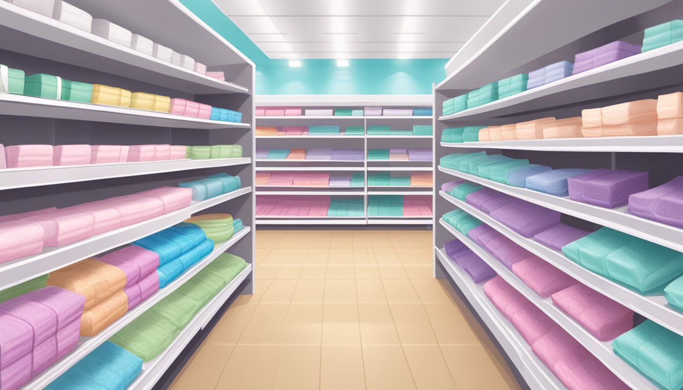 A display of various feminine care pads on shelves in a well-lit Brookshires store