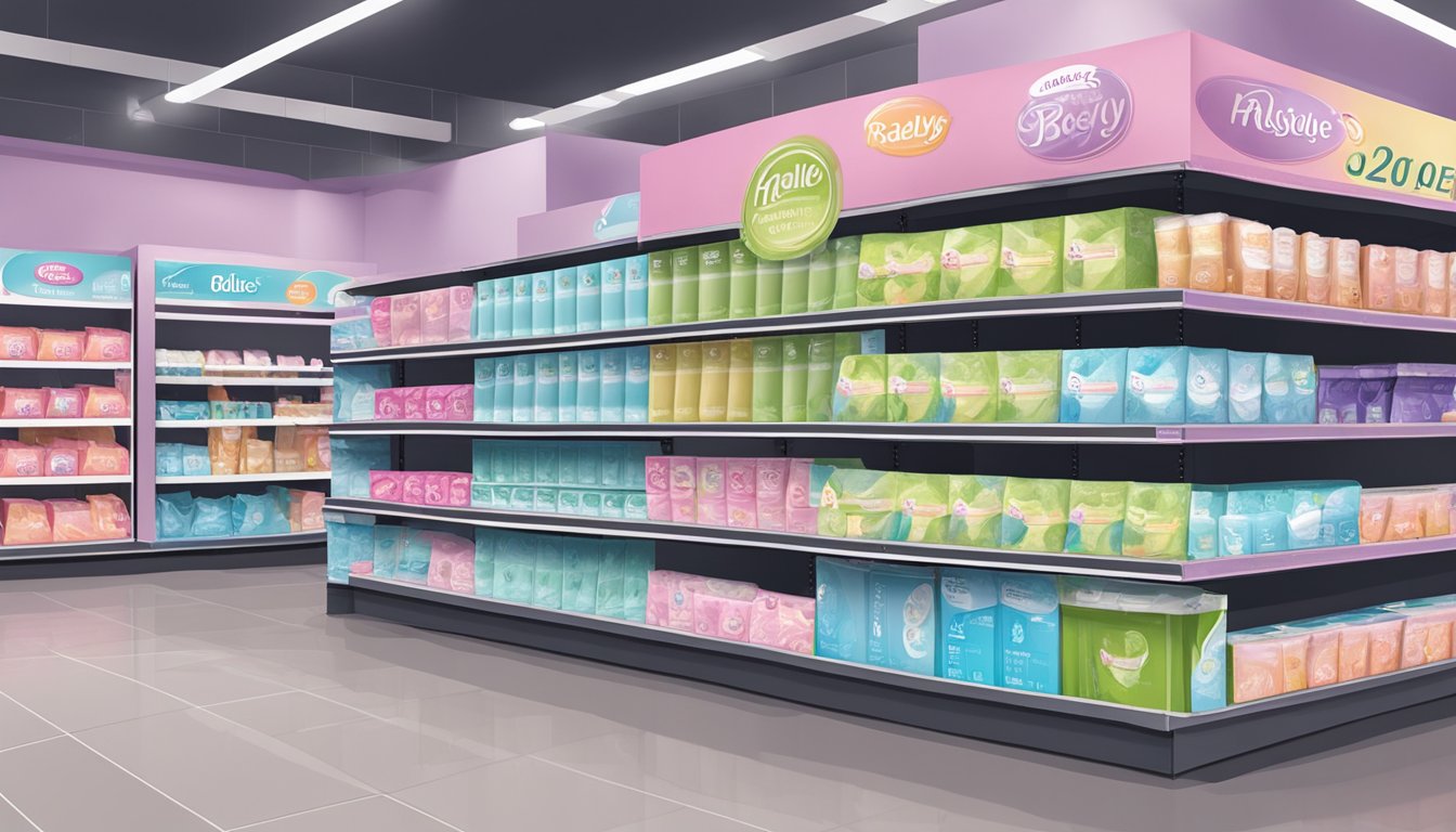 A variety of feminine hygiene pads displayed on shelves at a Raleys store