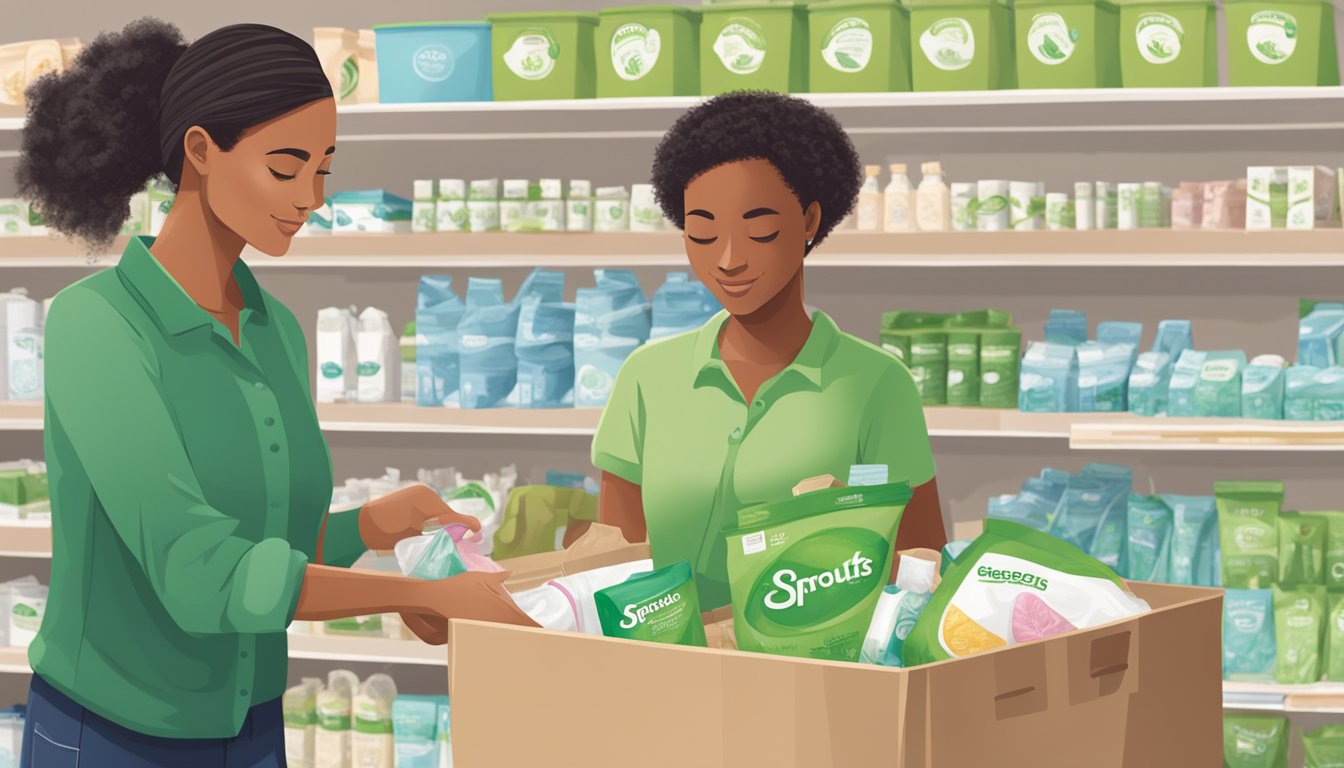 A person placing eco-friendly feminine care products in a reusable bag at a Sprouts store, while another person disposes of non-eco-friendly products in a designated recycling bin