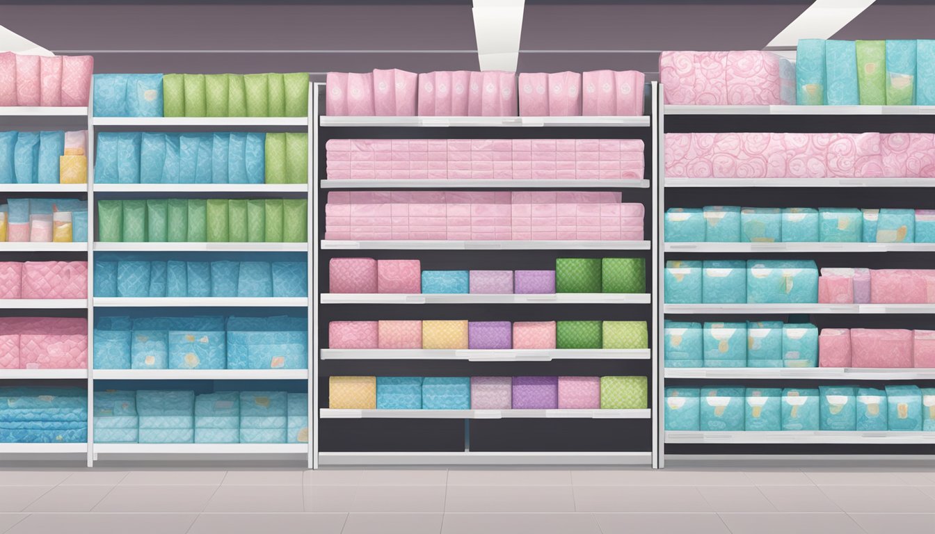 A variety of feminine hygiene pads displayed on shelves at Raley's supermarket