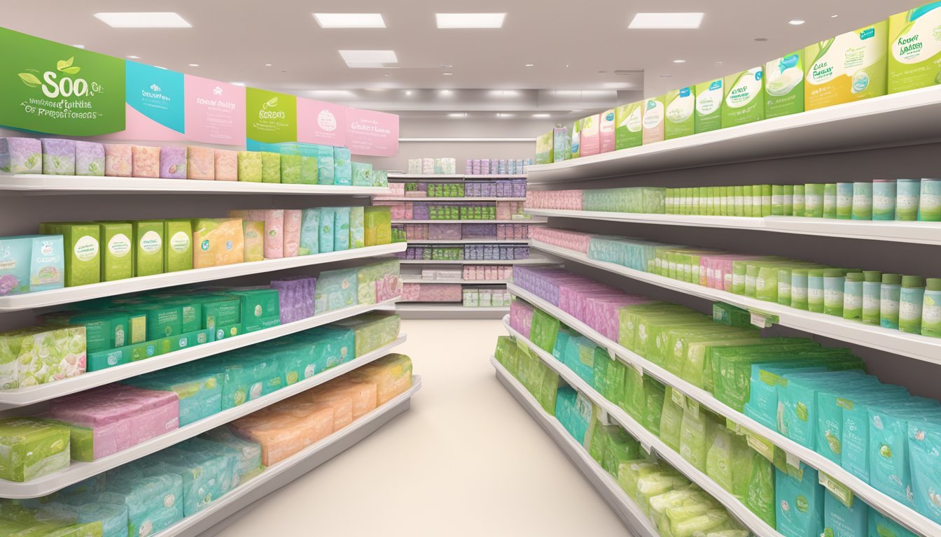 A display of eco-friendly feminine care products at Sprouts, with vibrant packaging and a variety of options for advocacy and awareness