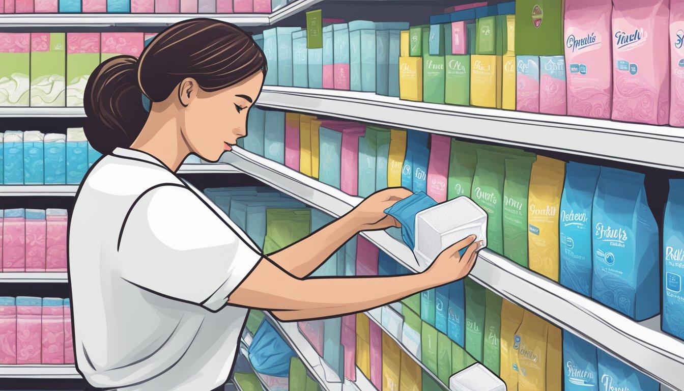 A woman selects feminine hygiene pads from a store shelf at Raleys