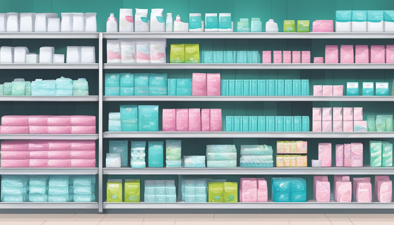 Shelves stocked with various brands of feminine hygiene pads in a Raley's supermarket