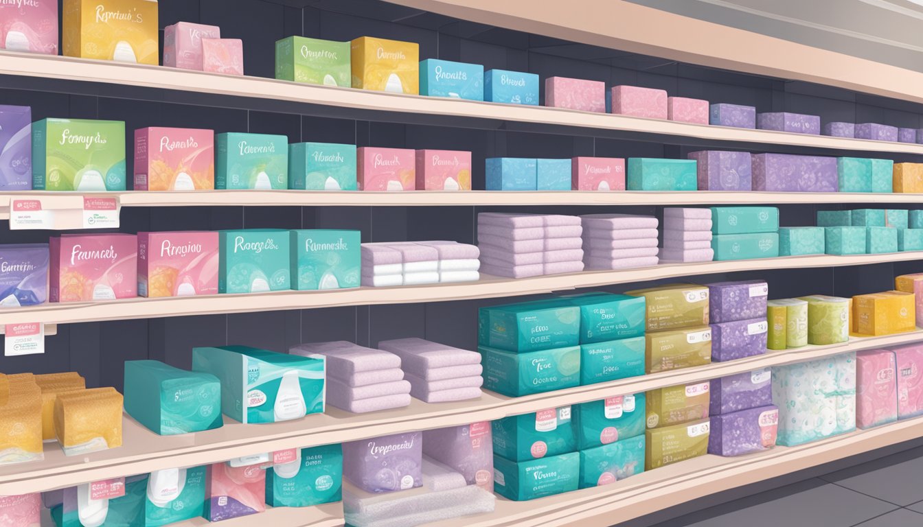 A display of feminine hygiene pads at a Raley's store, with various brands and sizes neatly arranged on the shelf