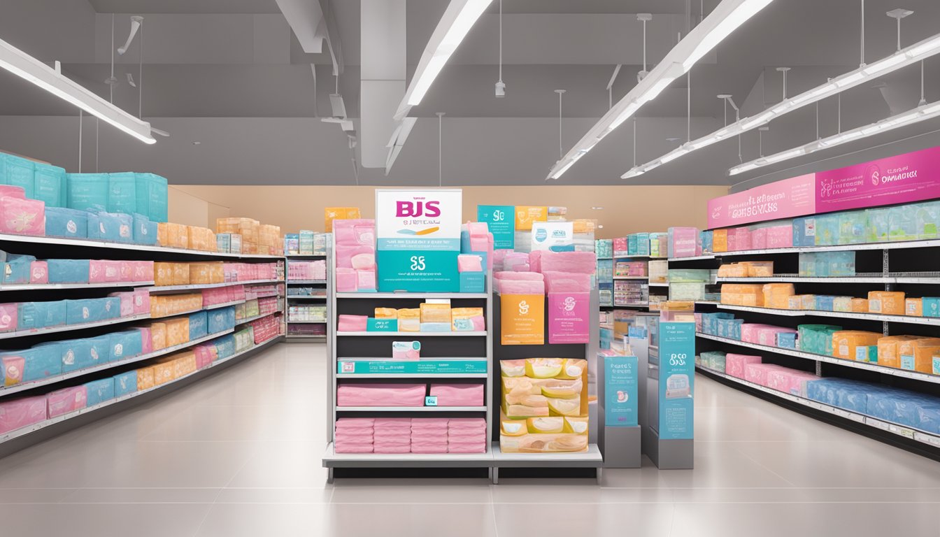 A display of feminine care pads at a BJs Wholesale Club, with Membership Services and Shopping Aids signage visible